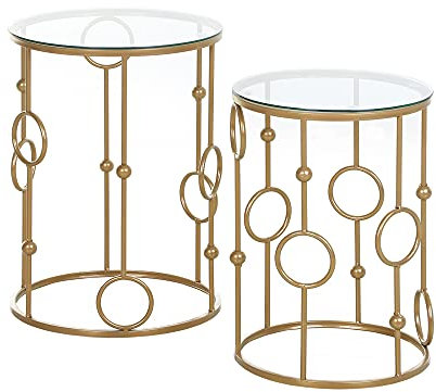 HOMCOM Set 2 Pezzi Tavolini da Caffè Design Elegante con Motivi a Cerchio, Metallo e Vetro Temperato Φ41x57cm & Φ36x51cm