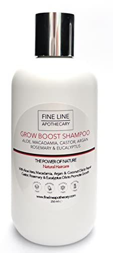 99% Natürlich WACHSTUMS SHAMPOO – ALOE, RIZINUS, ARGAN, MACADAMIA, KOKOS + ROSMARIN & EUKALYPTUS – 250 ml von Fine Line Apothecary. Keine Sulfate, Parabene. Konzentriert. pH 5,5 für empfindliche Haut.
