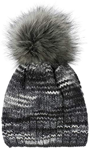 styleBREAKER Unisex Strick Bommelmütze bunt Gemustert mit Alpaka Anteil und Fleece Futter, Winter Fellbommel Mütze 04024179, Farbe:Schwarz-Grau-Weiß