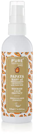 P'URE PAPAYA CARE Babyöl, vegan und tierversuchsfrei, natürliche Inhaltsstoffe mit Papaya, Avocado, Kamille, Ringelblume und Jojobaöl, spendet Feuchtigkeit und pflegt die Babyhaut, 125 ml