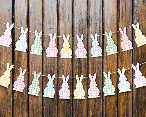 Whaline Osterbanner Dekoration Happy Easter Girlande, bunt, kariert, Osterhasen-Wimpelkette, Farmhouse-Banner, Frühlings-Thema, Partyzubehör, Happy Easter Day, Heimdekoration für Kaminsims