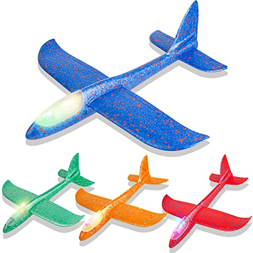 JOYGOGO 4 Stück 44 cm Styroporflieger, Flugzeug Styropor mit LED Lichter, Groß Wurfgleiter, Segelflugzeug Modell, Flugzeug Spielzeug Kinder Jungengeschenk