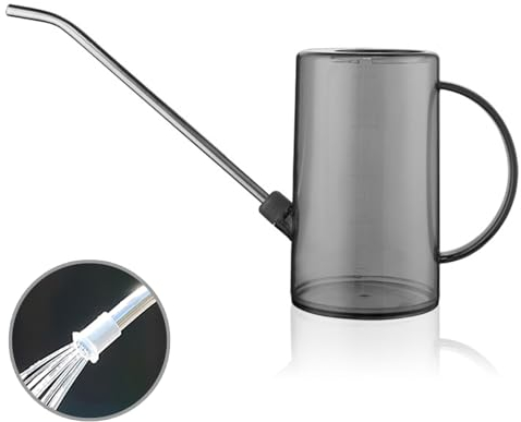 Reagia 1L Arrosoir en Plastique avec Long Bec en Acier Inoxydable, Marquages de Mesure Transparents, Arrosoir à Long Bec pour Plantes D'intérieur et Fleurs, Remplissage Facile - Gris