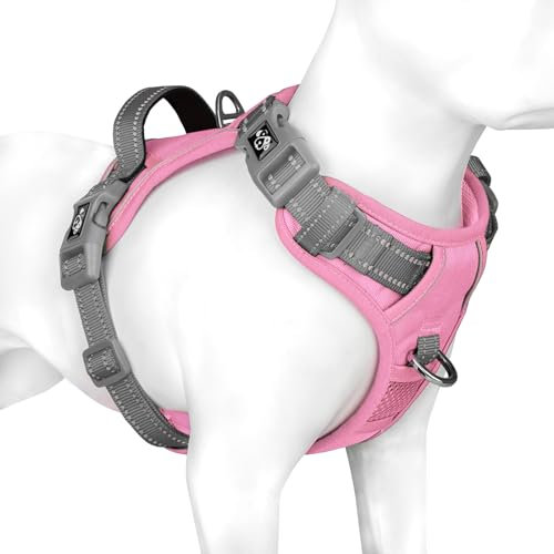 PHOEPET No Pull Hundegeschirr, reflektierende Hundeweste, mit weichem Trainingsgriff für kleine, mittelgroße und große Hunde (Babyrosa Basis und graue Träger, XL)