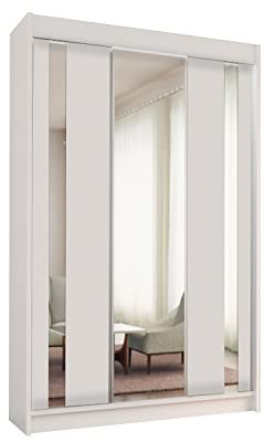 MEBLINI Kleiderschrank mit Spiegel, 3 Türen - Schwebetürenschrank mit Kleiderstange - Schlafzimmerschrank mit Einlegeböden - Wardrobe Closet - GRACJA - 180 cm - Weiß + Spiegel