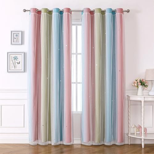 Freyamy Gardinen Rosa Grün Weiß Glänzend Sterne Vorhänge Blickdicht Kinderzimmer Halbtransparent H 160 X B 132cm Ösenvorhang 2er Set Mädchen Kindervorhänge Gardinen Verdunkelungsvorhang Wohnzimmer