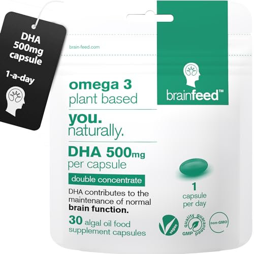Omega 3 DHA 550mg Per Capsule for Brain & Eye Health (30) | 1-A-Day | Vegan Omega 3 Algae Oil | High DHA Supplements | Double Concentrated Algae Omega 3 Vegan DHA | 1 Month Supply