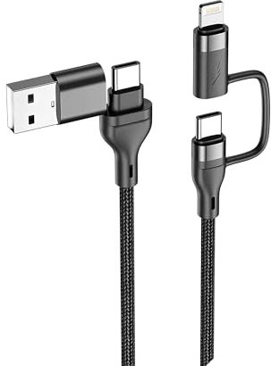 EXPR Câble Multi USB Embout 100W Cable 4 en 1, 3 en 1 charge rapide et transfert de données - USB A ou USB C (Type-C) vers USB-C/8-Pin compatible pour i-Phone, Samsung, Laptop, Macbook