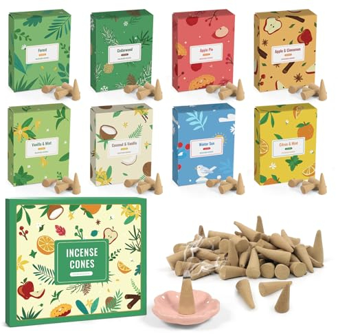 SCENTORINI Cônes Encens Naturel, 8 Parfumés - 120 Cônes Encens- Fragrances pour Relaxation, Méditation, Détente et Décoration Intérieure, Cadeau pour Amis et Famille