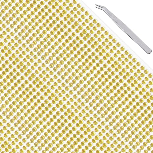 Voarge 1040 Stück Strasssteine selbstklebend,Runde Schmucksteine zum Aufkleben mit Pinzette,für DIY Fingernagel Handy-Kleidung Dekorationen Gold, 5mm