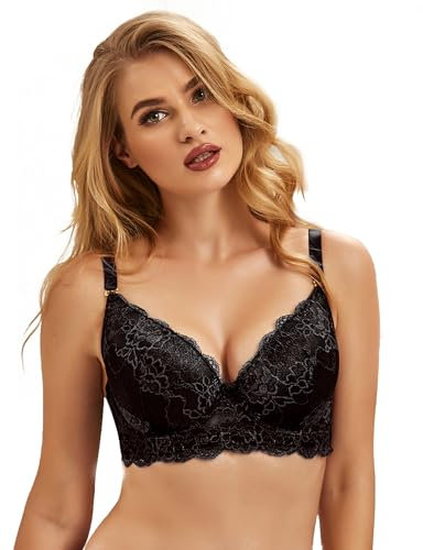comeondear Push Up Bras for Women Underwired Padded Bras Support Lace Bras Balconette Wide Back Bras Ladies Full Coverage Bras Breathe Soft Black 40D