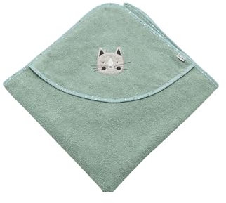 Sterntaler Kapuzenbadetuch 80x80 cm Katze Lilly - Badetuch mit Applikation - Babybadetuch mit Kapuze aus saugfähiger Baumwolle, steingrün