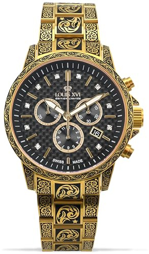 LOUIS XVI Palais Royale Inked 1701 - Ø 43 mm - Herren Uhr - Wasserdicht - Mit Saphirglas - Armband Gold - Zifferblatt Schwarz mit Diamanten - Schweizer Quarzwerk