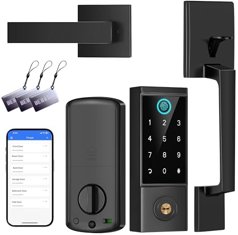 BEBASIA Smart Door Lock with Front Door Handle Set, Heavy Duty Fingerprint Door Lock with Handleset, Keyless Entry Door Lock, Smart Deadbolt Door Lock for Front Door, Bluetooth Keypad Door Lock Black