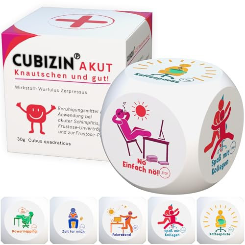 GLÜCKSGUT® Anti-Stress-Würfel | 2er Pack Cubizin | Lustiger Stresswürfel | 6 Motive, Geschenkbox & Anleitung | Spielzeug für Stressabbau, Kollegen & Büro Geschenk