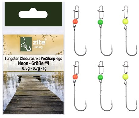 Zite Fishing Tungsten Cheburashka Pro Sharp Rigs Set | 6 STK UL Cheburaschka Forellen-Haken | Baitholder Hooks #4 - #8 mit 0,5g/0,7g/1,0g Neon UV Aktiver Tungstenperle | Ultra