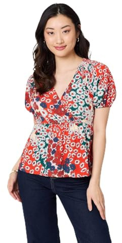 Izabel London Ditsy Floral Faux Wrap V-Neck Top for Women UK with Short Sleeves and Hip Length Peplum Shape.