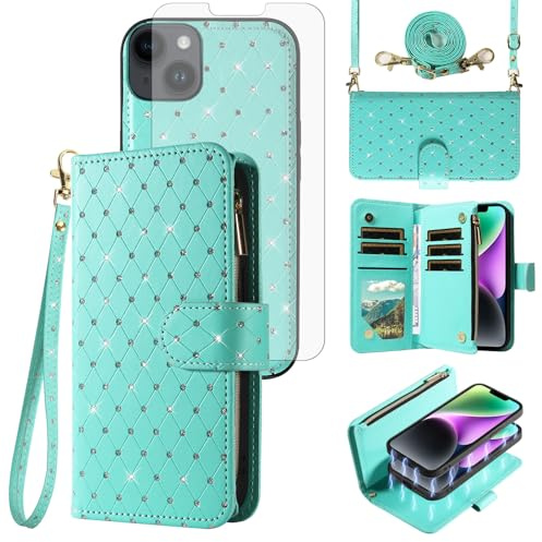Asuwish Compatible with iPhone 14 6.1 inch Wallet Case Zipper Cell and Screen Protector Crossbody Lanyard Strap Glitter Flip Card Holder Phone Cover for iPhone14 5G i i-Phone i14 14Case Women Green