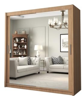 DELUXEWARE 2&3 Sliding Door Wardrobe - Elegant Wardrobe with Double Full-Length Mirror, Hanging Rail & Shelves | Sleek Matt Finish Bedroom Wardrobes with Strong Mdf Construction (Oak, 180cm)