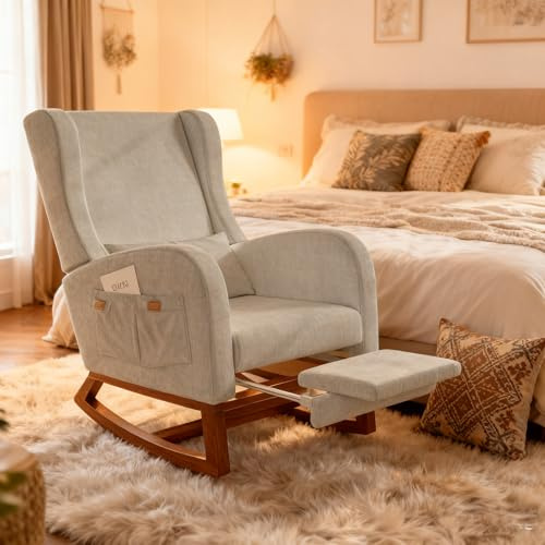 HYNHXBP Silla Mecedora con reposabrazos y Bolsillos Laterales, Patas de Madera Maciza, Silla de relajación para Lactancia, Adecuada para Sala de Estar y Dormitorio, con cojín Acolchado (Gris)