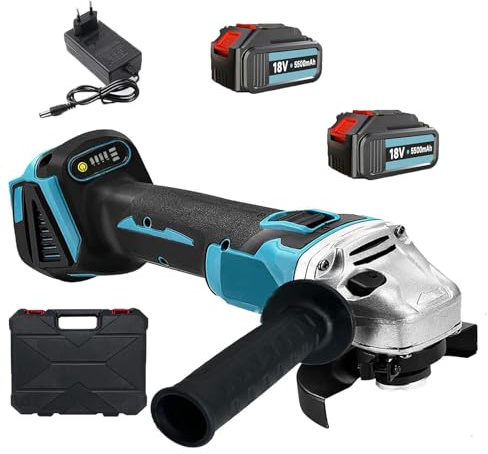 Akku-Winkelschleifer für 18 V, Flex Winkelschleifer 125 mm mit 2 × Akkus & Ladegerät, 1300RPM Akku-Scheibe, Trennscheiben, Fächerscheiben zum Schneiden, Rostentfernung