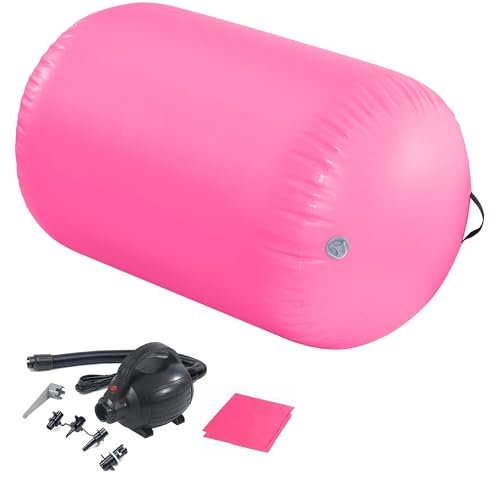 LSLIFE Air Roller Inflatable Gymnastics Tumbling Barrel, Roll Barrel with Air Pump 60/75/90cm Thick 100cm Long Backbend Trainer Handspring Mat for Gymnastics Yoga Training (Pink, 90(H)*100(L) cm)