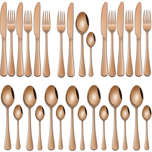 Rose Gold 32-Piece Cutlery Sets,Stainless Steel Silverware Sets Includes Knife Spoon and Fork Eating Utensils Sets Service for 8,Flatware Sets for Ktichen and Hotel