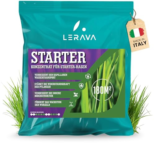 LERAVA STARTER engrais gazon (180 m²) - favorise la croissance des racines - idéal avec semences de gazon - renforce la résistance du gazon - engrais pelouse pour implantation et printemps