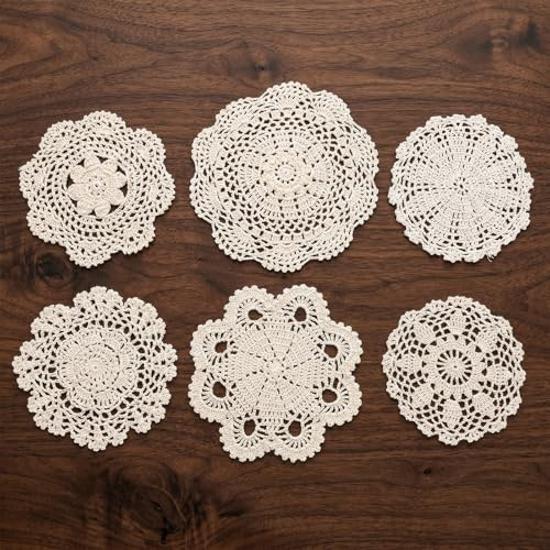6Pcs Lace Doilies for Tables, Handmade Cotton Crochet Doilies, Lace Crochet Coasters, Vintage Round Laces Placemats for Table, Dining Room & Wedding Decor (Beige)