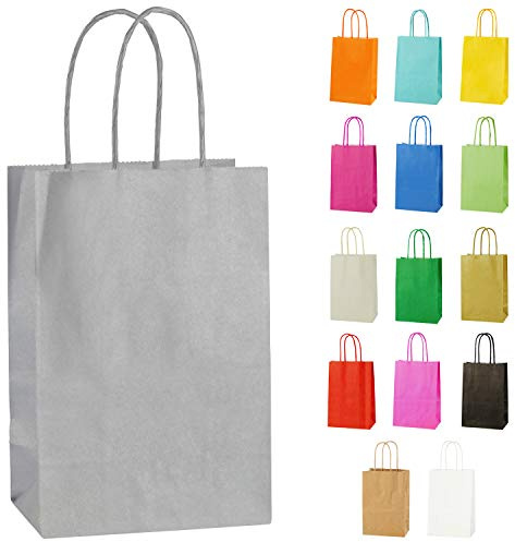 Thepaperbagstore 50 Silver x Small Paper Bags with Twist Handles 14x21x8cm | colour recyclable kraft, ideal for sweets, favours, gifts, weddings, birthdays, parties and events