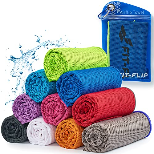 Fit-Flip Airflip Kühltuch - Ice Cooling Towel - das kühlende mikrofaser Sporthandtuch für Nacken und Hals - Kühlhandtuch für Fitness und Sport (dunkel blau-neon grüner Rand, 120x35cm)