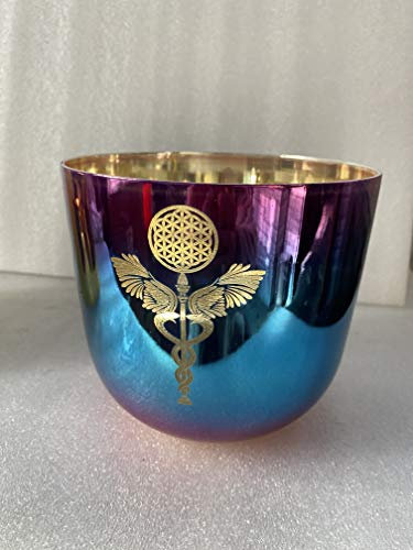 Alchemy crystal singing bowl with carved designflower of life & Serpent Ward,4th octave 6.75 inch perfectC note,432HZ