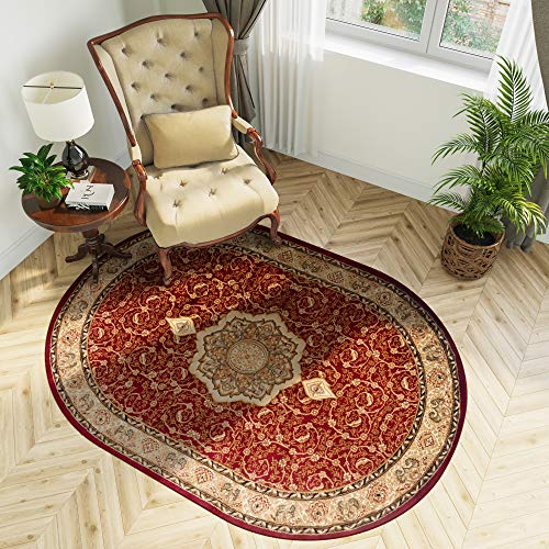 TAPISO Yesemek Teppich Oval Wohnzimmer Kurzflor Klassisch Gemustert Oriental Floral Ornament Rot Bordüre Design Schlafzimmer ÖKOTEX 70 x 140 cm
