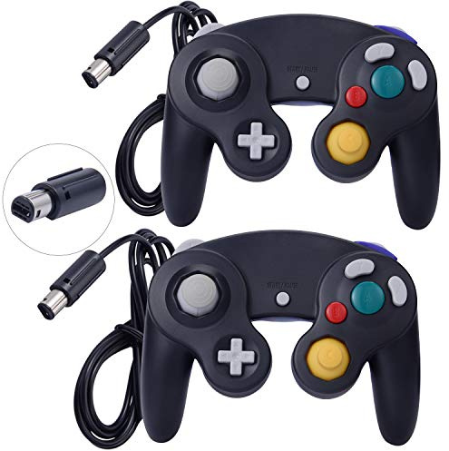 ONE250 Classic Shock Joypad kabelgebundener Controller, kompatibel mit Wii NGC Gamecube Game Cube (Schwarz und Schwarz), 2 Stück