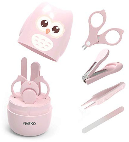YIVEKO Baby Nail Kit, 4-in-1 Baby Nail Care Set with Cute Case, Baby Nail Clippers, Scissors, Nail File & Tweezers, Baby Manicure Kit and Pedicure kit for Newborn, Infant, Toddler, Kids-Owl Pink