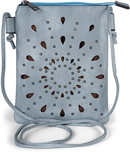 styleBREAKER Damen Mini Bag Umhängetasche mit Cutouts in Ethno Blumen Form und Nieten, Schultertasche, Handtasche, Tasche 02012304, Farbe:Jeansblau