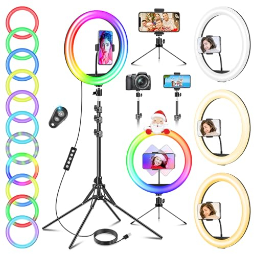 11.5 Zoll Ringlicht mit Stativ Handy, Tisch LED Ring Light Kamera Handystativhalter mit Ringleuchte für YouTube, Selfie, Makeup, Fotografie, 40 RGB-Modi 13 Helligkeit