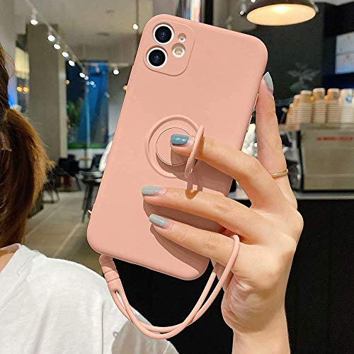 Pepmune Coque pour iPhone 12 Pro en Silicone Liquide avec Anneau De Support,Support Magnétique De Voiture,Dragonne Amovible,Résistante Aux Chocs,Coque De Protection-Rose