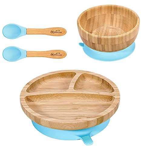 Vinsani Bamboo Bowl, Round Plate and Spoon Set for Baby/Toddler, Suction Plate, Stay-Put Design, Hypoallergenic and BPA-Free (Blue)