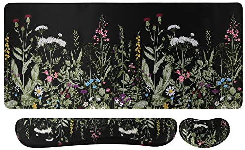 Mouse mat Set,iCasso Desk mat 900 x 400mm,Stitched Edges Gaming Mouse Pad & Mouse mat Wrist Support&Keyboard Wrist Rest,Waterproof Surface Desk Pad with Non-Slip Rubber Base (Weeds)