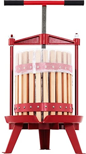 VEVOR SC-W12L 3.2Gal/12L, Cast Iron Manual Grape Presser for Wine Making, Cider Tincture Vegetables Honey Olive Oil Press with Beech Wood Hollow Basket T-Handle 0.1 Thick Plate 3 Feet, Coated, Red