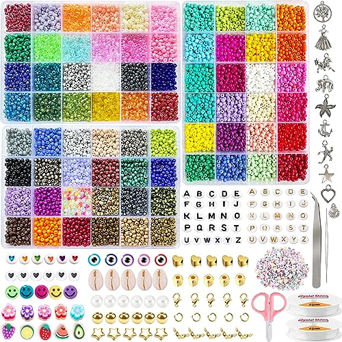 11508pcs 72 Farben 4mm Glasperlen zum Auffädeln, Rocailles Perlen Set Perlen zum Auffädeln Perlen für Armbänder Ketten Ringe Handykette Schmuckherstellung,Perlenset mit 708 Zubehör Buchstaben