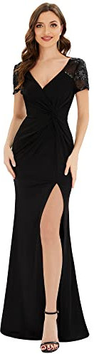 Ever-Pretty Robe Demoiselle d'honneur Femme Longue Moulante Fendue Manches Courtes Col V Chic Noir 42