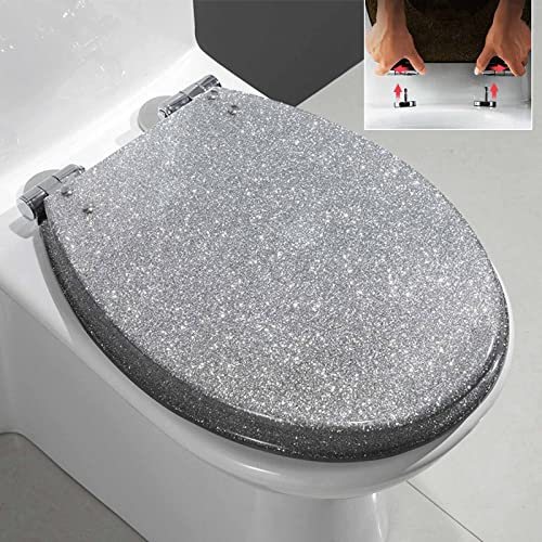 Klodeckel Mit Absenkautomatik, Ovaler Glitzer WC Sitz Mit Absenkautomatik, Schnellverschluss Ist Leicht Zu Reinigen, Badezimmer Hochwertiger Harz-Toilettendeckel,Silber