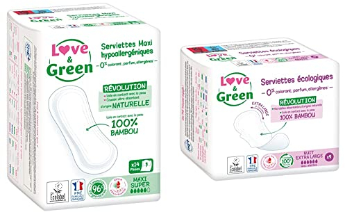 Love & Green Serviettes certifiées Ecolabel & hypoallergéniques MAXI SUPER x 14 & Serviettes Ecologiques NUIT EXTRA LARGE - Certifiées Ecolabel - 9 Pièces - 0% colorant, parfum, allergènes