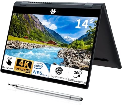 UDKED Yoga Laptop Convertible|14 Zoll Touch Display|2.5K(2560 x 1440) IPS|CPU-N95 (bis zu 3,4 GHz)|16 GB RAM|Windows 11 PRO|Inklusive Touch-Pen|Type-C(512G, Grau)
