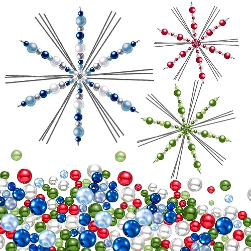 Hotop 24 Stück Metall Schneeflocken Drähte Schneeflocken Form mit 400 Perlen in Unterschiedlichen Farben und Größen Lustig Perlen Projekt 3 Größe Schneeflocken Ornament für DIY (Gemischte Farben)