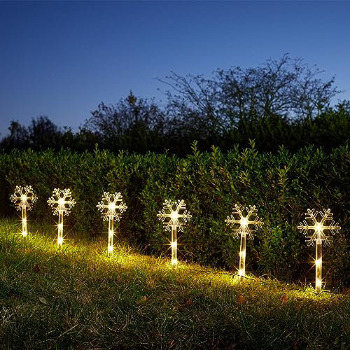 Festive Lights 35cm(H) Christmas Snowflake Stake Lights - Battery Powered Warm White LEDs - Outdoor Garden Pathway Decoration - Pack of 4