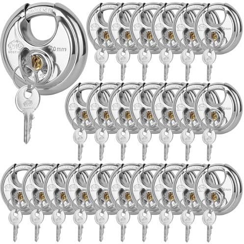 DuoTyga Diskus-Vorhängeschloss, gleichschließend, 6,4 cm breit, robustes Edelstahl-Scheibenschloss mit Schlüssel für Aufbewahrungseinheit, Garagen, Zäune und Schuppen, 24 Stück