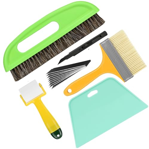 EHDIS Kit per Carta da Parati con Due Tipi di Pennelli con Impugnatura Morbida, Rullo di Cucitura, Raschietto per Pellicole, Coltello Artigianale e Lame, 6 pezzi - per Tutti i Tipi di Carta da Parati